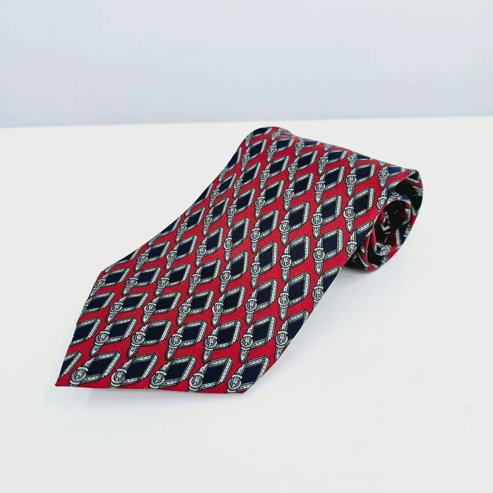 Masetti Silk Tie Belt Print Red Blue Geometric USA Made Gift Classic Office Work